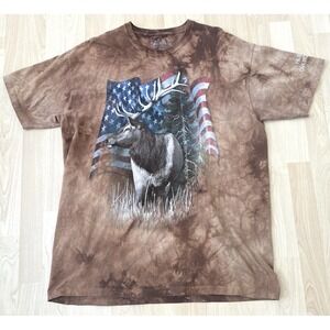 Vtg The Mountain Men's XL Buck Elk Deer Flag T Shirt Tie Dye Town Name on Sleeve